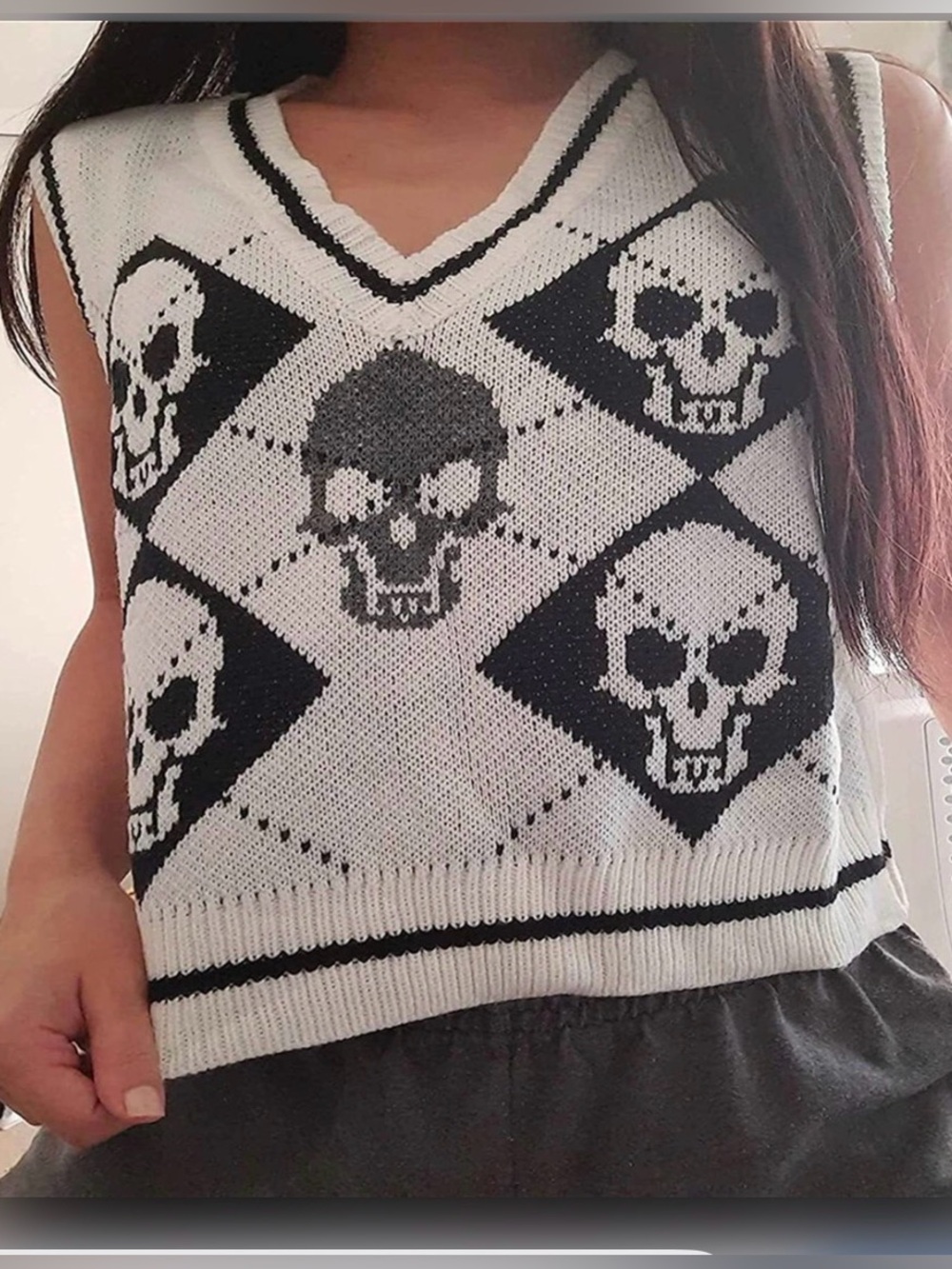 Skull Sweater Vest cropped white & black Y2k Skull Argyle Print Sweater Vest
